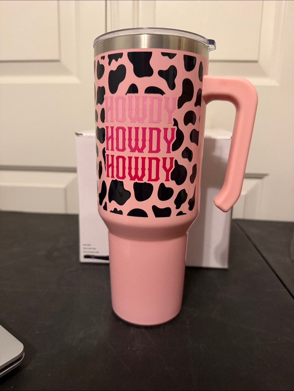 Hand Crafted Pink and Black "Howdy" Travel Tumbler